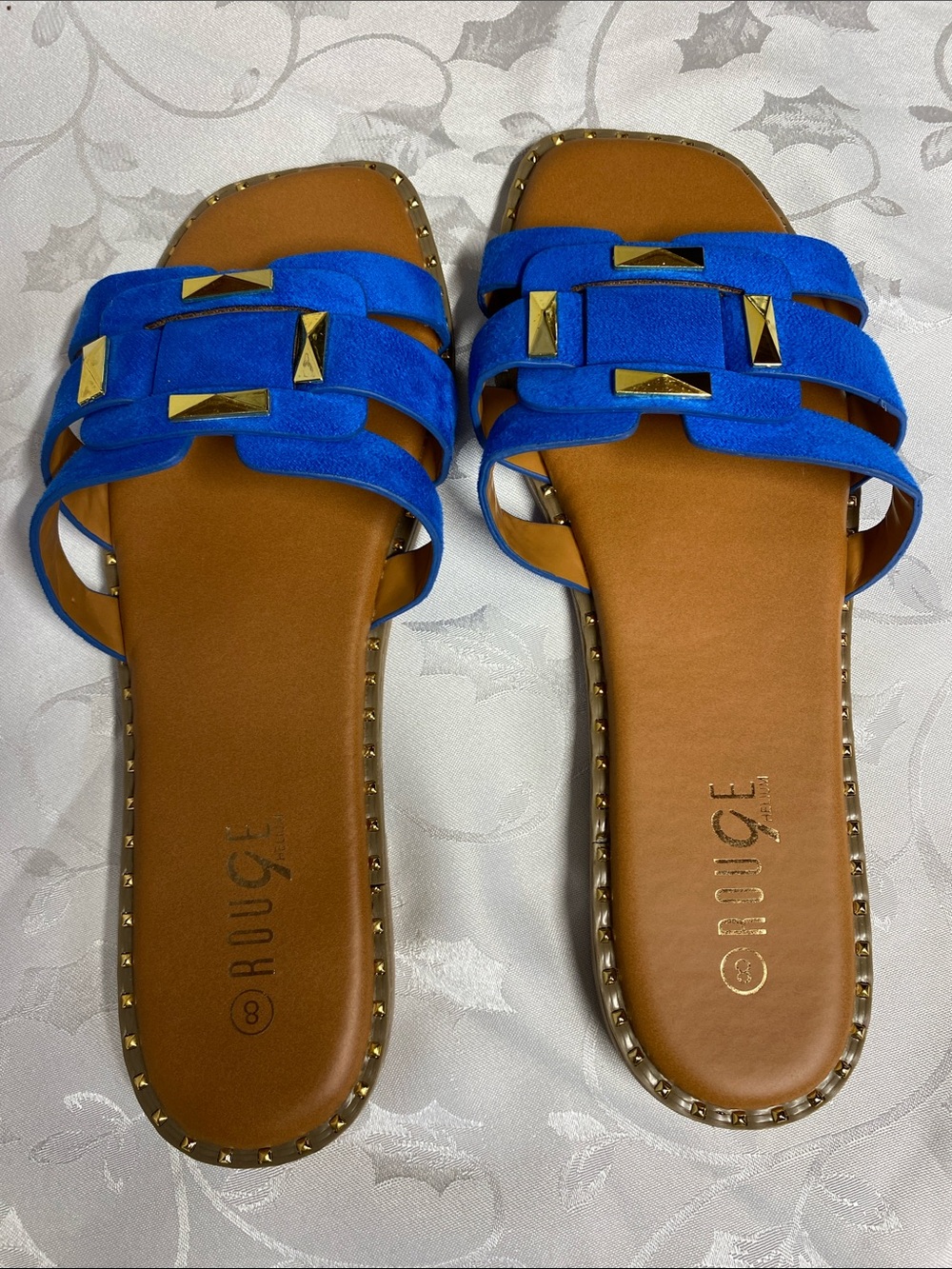 Rouge Helium Bright Blue Studded Slide Sandals
